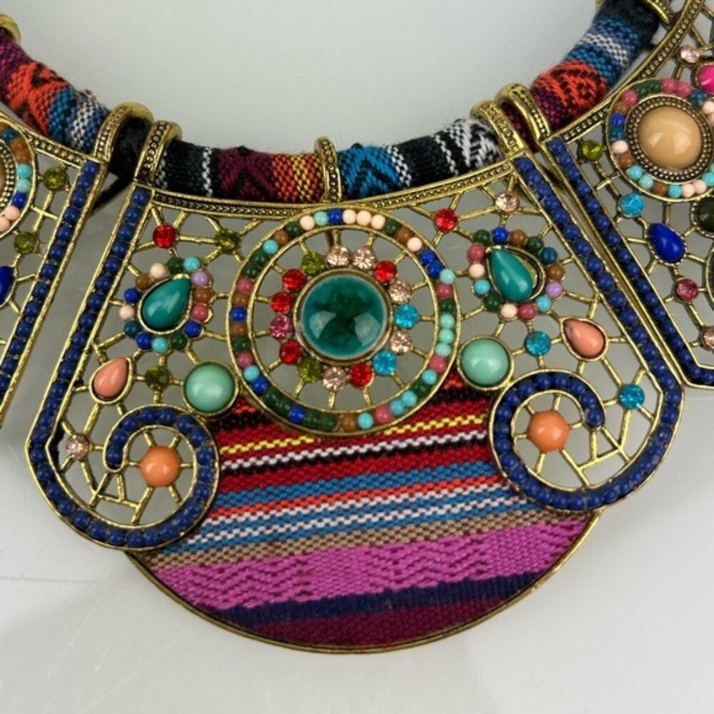 Tribal Beaded Threaded Rhinestone Necklaces Set of 2 Unique Eclectic Statement - Picture 9 of 16